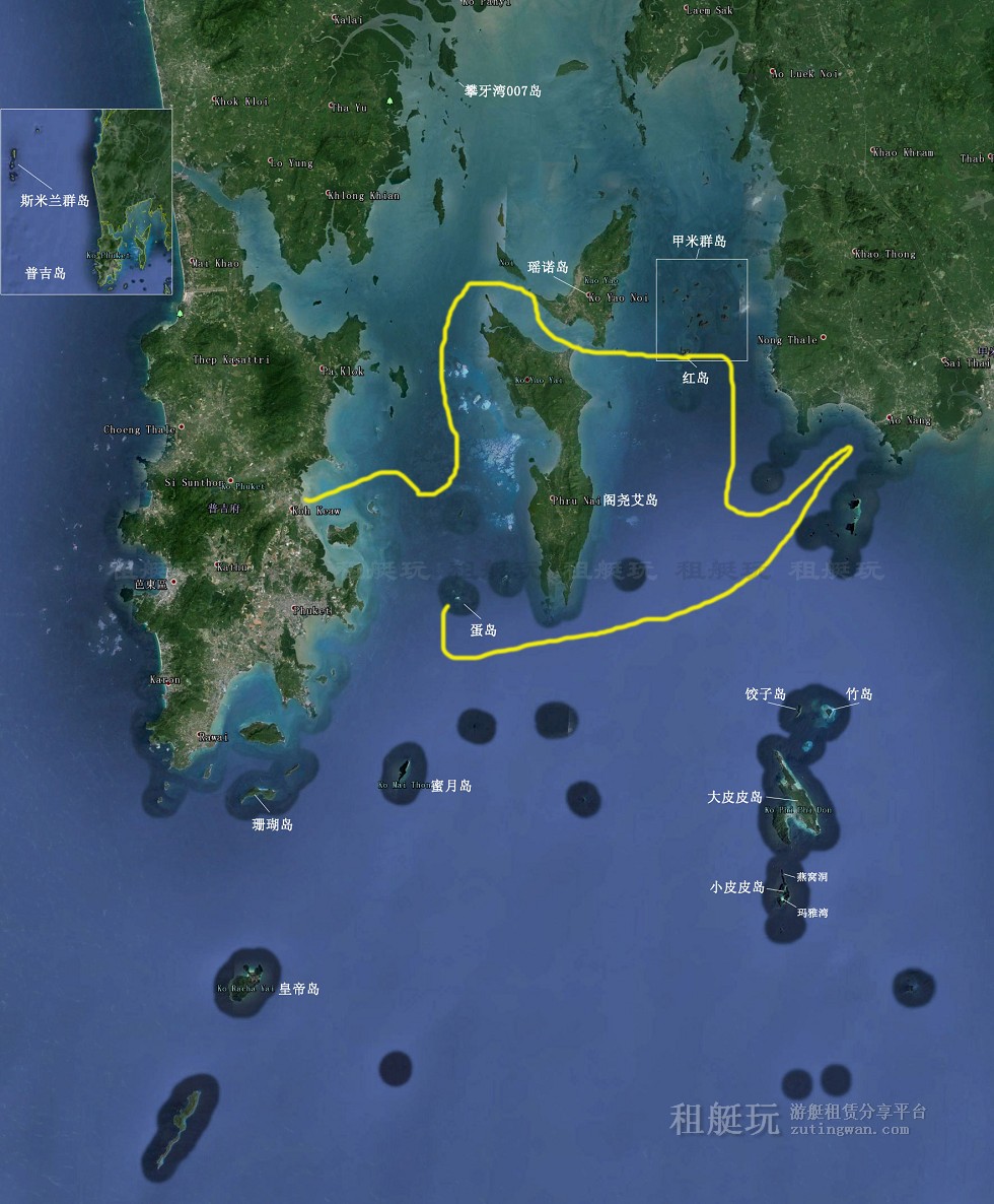 普吉游艇俱樂(lè)部(Boat Lagoon Marina)→虹島→瑞雷海灘→蛋島→普吉游艇俱樂(lè)部 普吉游艇俱樂(lè)部(Boat Lagoon Marina)→虹島→瑞雷海灘→蛋島→普吉游艇俱樂(lè)部